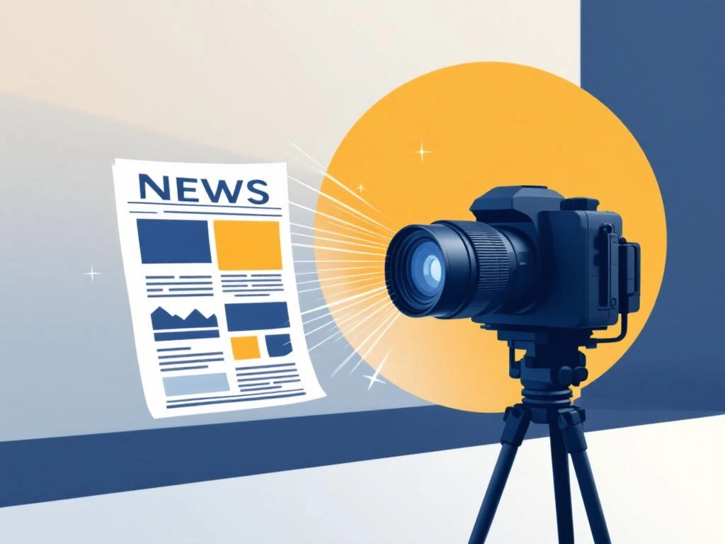 Gestileerde camera met lens fotografeert krant met uitstralende lijnen in marineblauw, amber en wit