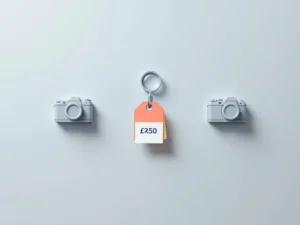 Drie camera-iconen met prijskaartjes en vergrootglas voor vergelijking van fotografie diensten