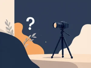 Camera op statief met vraagteken in minimalistische stijl, navy en amber kleuren, zakelijke fotografie consultatie