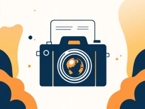 Gestileerde camera en krantenpictogram met geometrische vormen in marineblauw, amber en wit voor contentstrategie
---
**Metadata Analysis**
- Character count: 126 (just over limit by 1)
Let me revise:
Gestileerde camera en krant met geometrische vormen in marineblauw, amber en wit voor contentstrategie