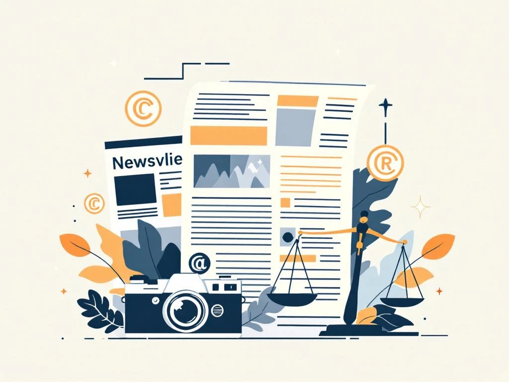 Vintage camera met krantenbladen en auteursrechtsymbolen in minimalistische illustratie met juridische elementen