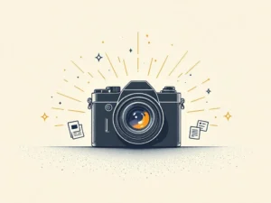 Gestileerde camera met lens die lichtstralen uitzendt naar krantenpagiṇa's op crèmekleurige achtergrond