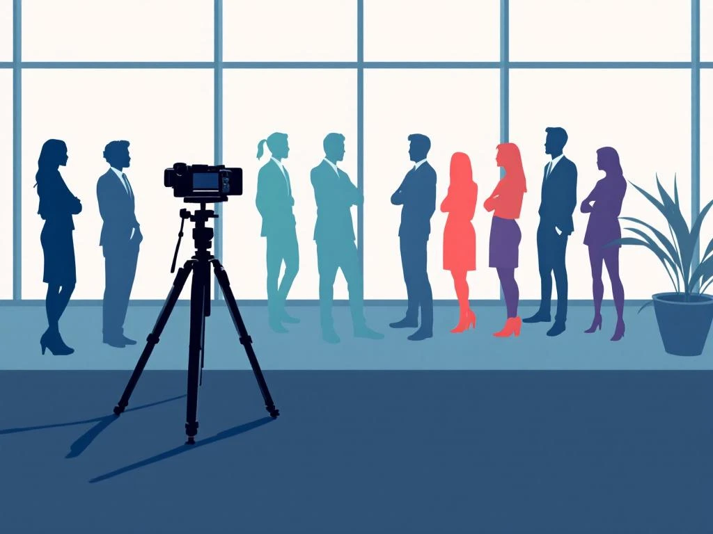 Camera op statief met silhouetten van diverse professionals in modern kantoor met natuurlijk licht