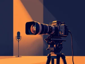 Professionele camera met telelens in minimalistisch nieuwskamerontwerp met navy en amber achtergrond