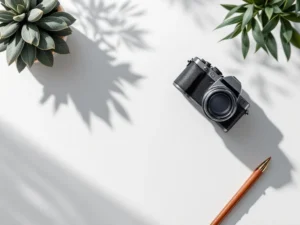 Professionele camera met leren portfolio op witte achtergrond voor zakelijke fotografie diensten