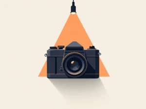 Vintage camera silhouet in houtskoolgrijs met oranje schaduw op crème achtergrond, minimalistisch ontwerp