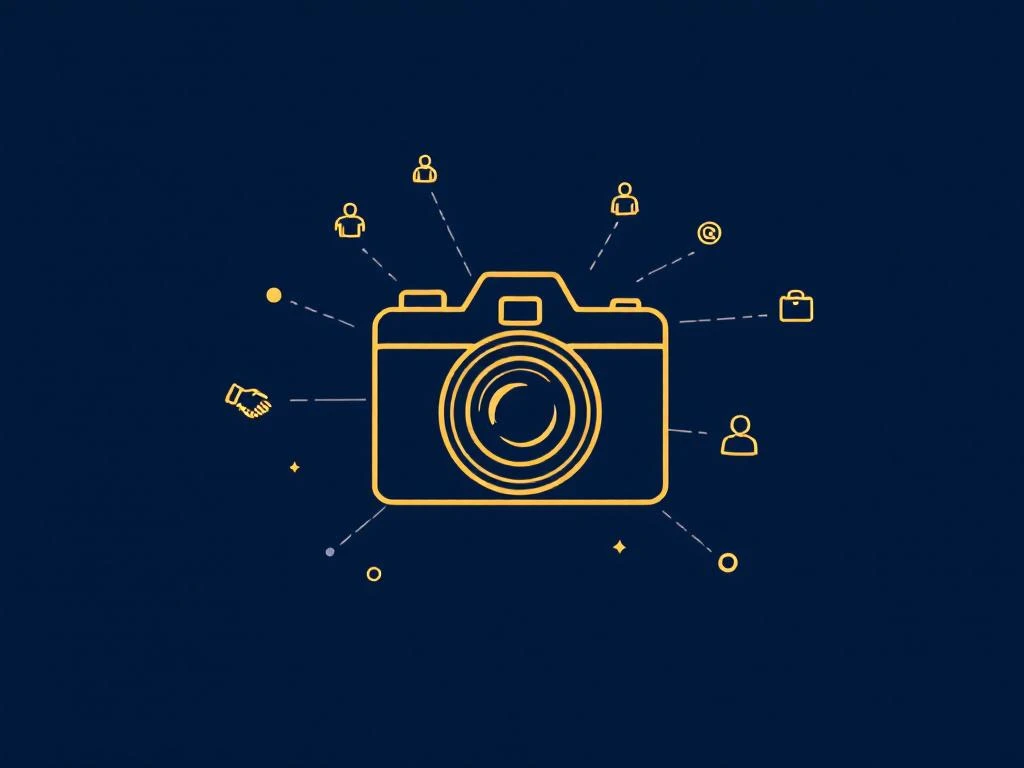 Camera-icoon omringd door zakelijke symbolen zoals handdrukken en koffers in marineblauw en goud op witte achtergrond