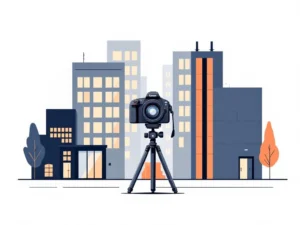 Camera op statief voor gestileerde kantoorgebouwen in minimalistische stijl, professionele bedrijfsfotografie concept