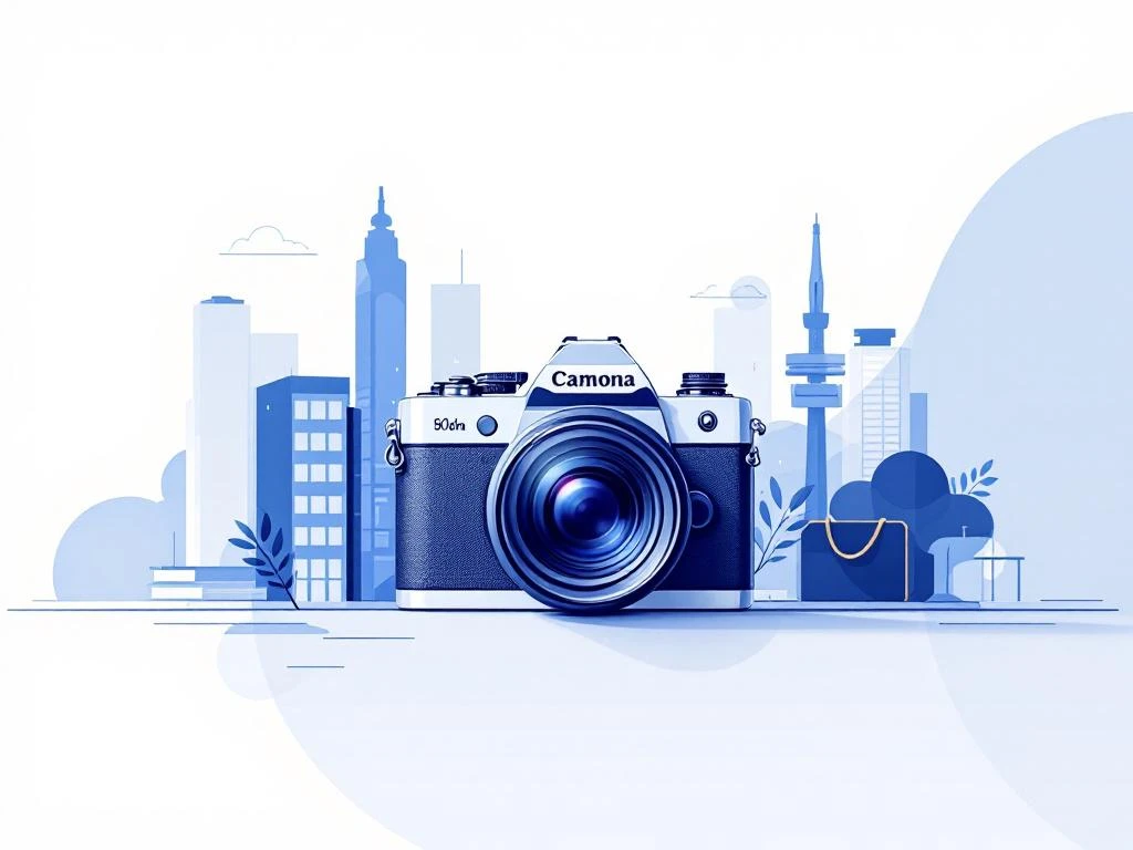 Moderne camera met geometrische lijnen omringd door zakelijke gebouwsilhouetten in professionele blauwe tinten