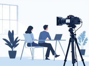 Professionele camera op statief filmt zakenpersoonssilhouet aan modern bureau in minimalistisch kantoor met laptop en plant