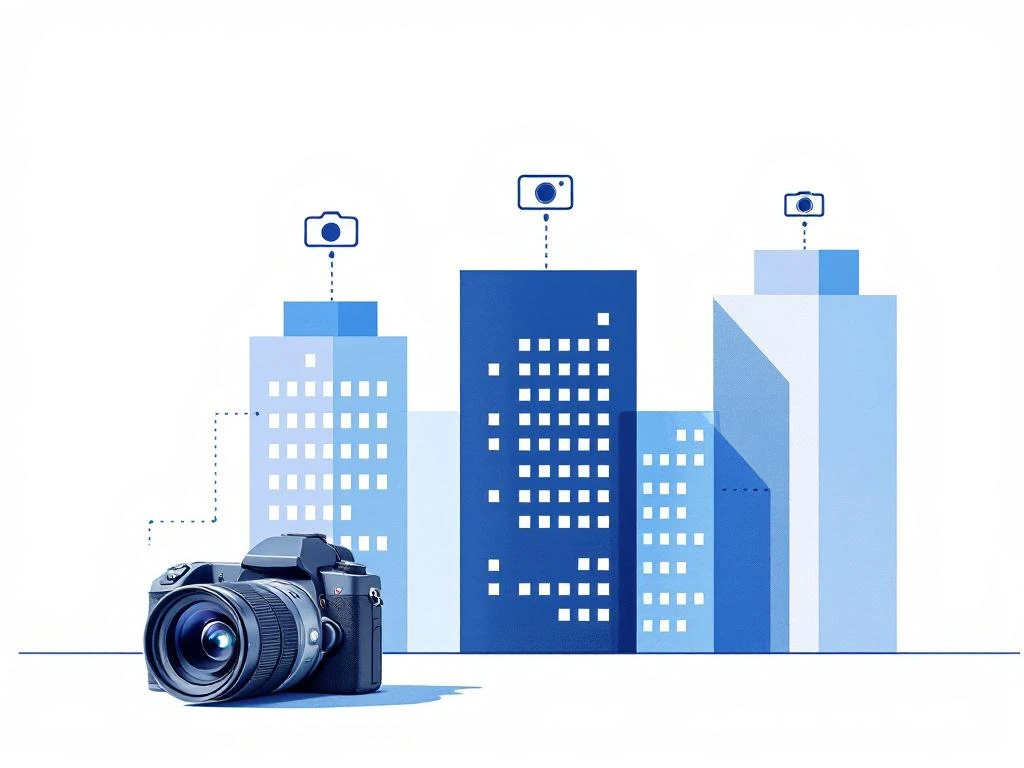 Professionele camera voor drie geometrische gebouwen met camera-iconen, zakelijke fotografie op meerdere locaties