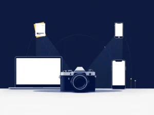 Camera met geometrische lijnen naar laptop, smartphone en tablet op navy blauwe achtergrond met gouden accenten