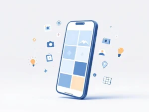 Smartphone met zakelijke foto's omringd door fotografie-iconen zoals camera, lamp en compositieraster op witte achtergrond