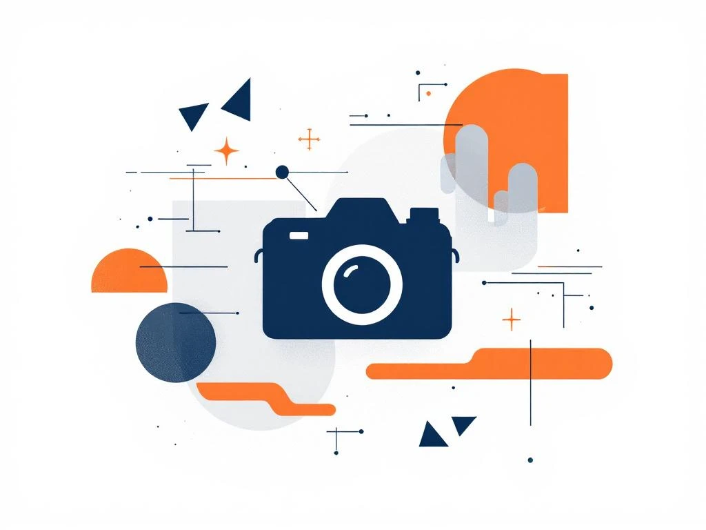 Marineblauw camerasymbool omringd door geometrische fragmenten in oranje en grijs op witte achtergrond