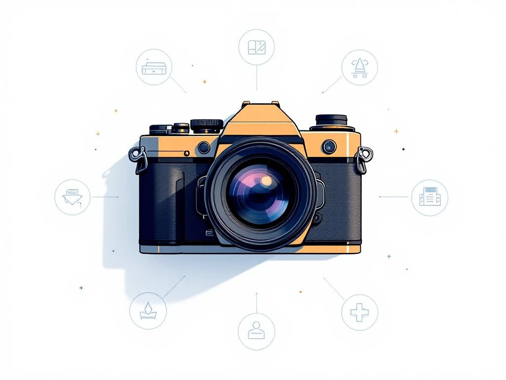 Moderne camera met geometrische lijnen omringd door zeven cirkelvormige investeringsvoordeel iconen in blauw en goud