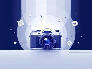 Moderne camera met technische elementen en nieuwspictogrammen op blauwe verloop achtergrond