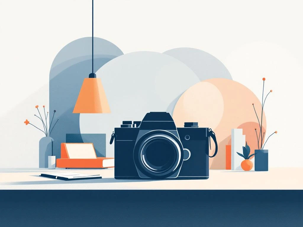 Minimalistische camera silhouet in voorgrond met abstracte kantooromgeving in gedempte blauwe en grijze tinten