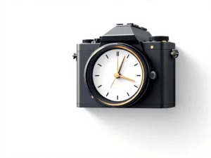 Moderne camera met klokgezicht in lens toont deadlinedruk, minimalistische illustratie in houtskool en goud tinten