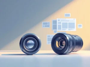 Camera lens in voorgrond met geometrische vormen en krantenlay-out elementen op blauwe achtergrond, minimalistische stijl