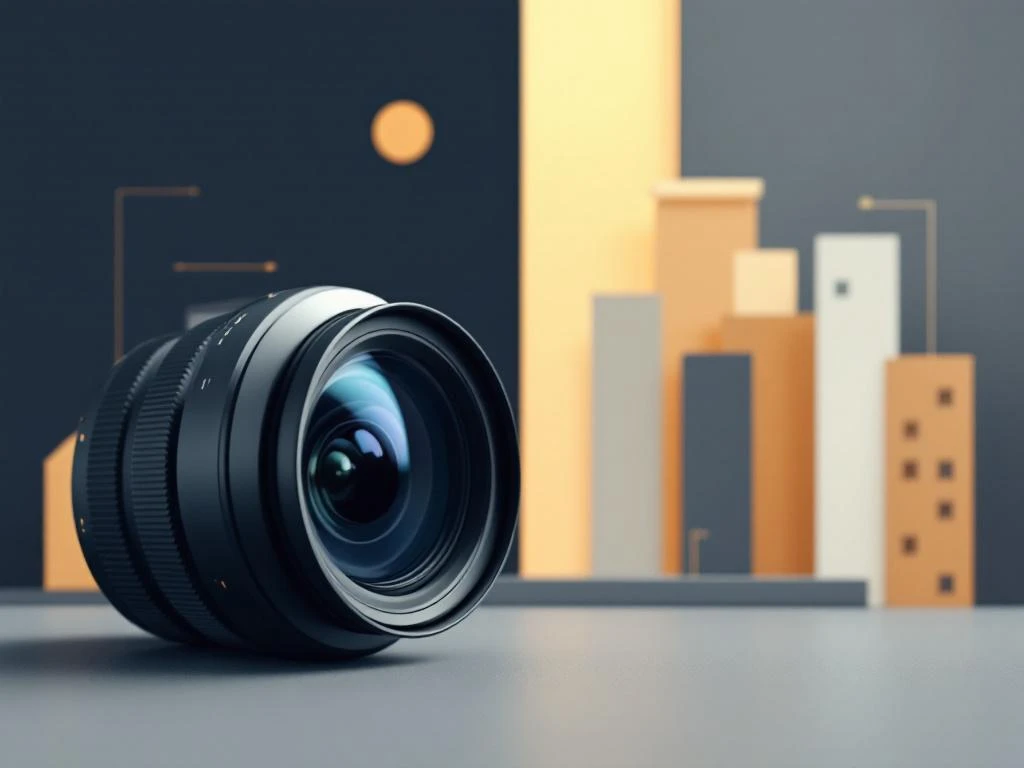 Camera lens met geometrische kantooromgeving in navy, grijs en goud tinten, minimalistische professionele fotografie