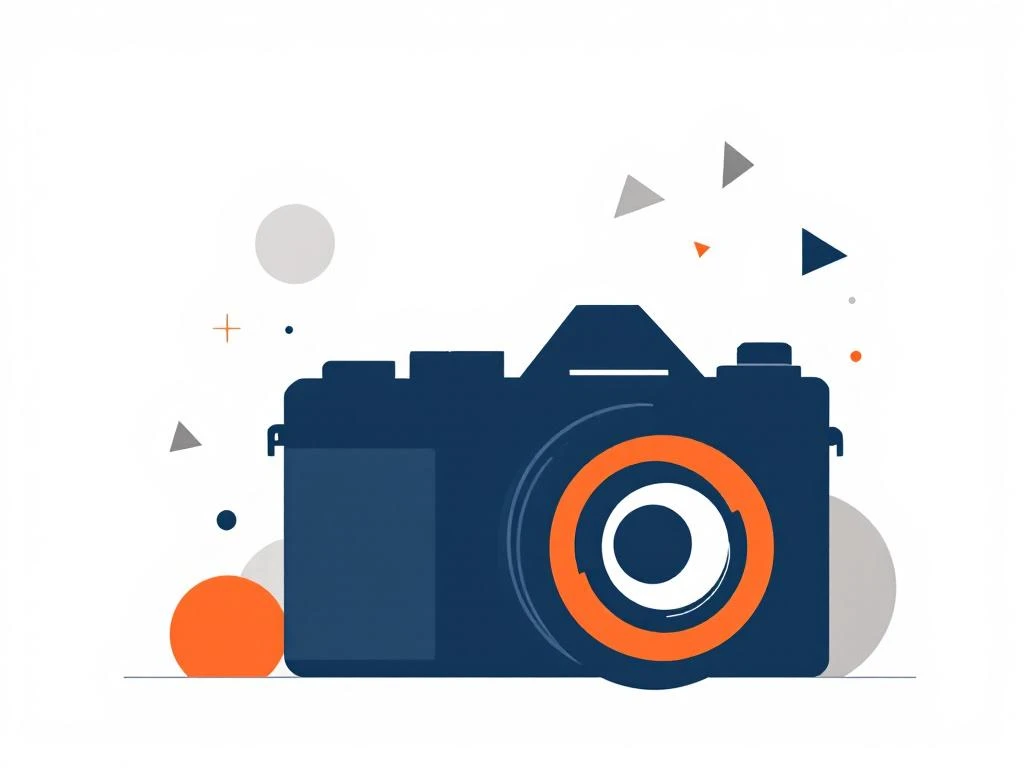 Minimalistische camera silhouet in marineblauw met oranje lens accent en grijze geometrische vormen op witte achtergrond