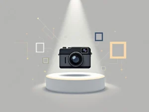 Minimalistische camera silhouet met geometrische lichtstralen en zwevende portretlijsten op witte achtergrond