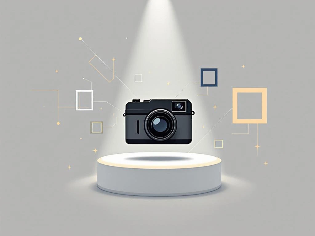 Minimalistische camera silhouet met geometrische lichtstralen en zwevende portretlijsten op witte achtergrond