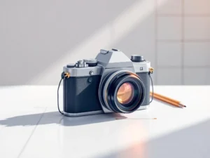 Moderne camera op strak bureau met marineblauw en goud kleurenpalet, minimalistische zakelijke illustratie