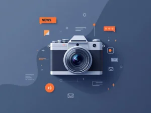 Moderne camera omringd door geometrische nieuwselementen en krantsymbolen in blauw, grijs en oranje tinten
