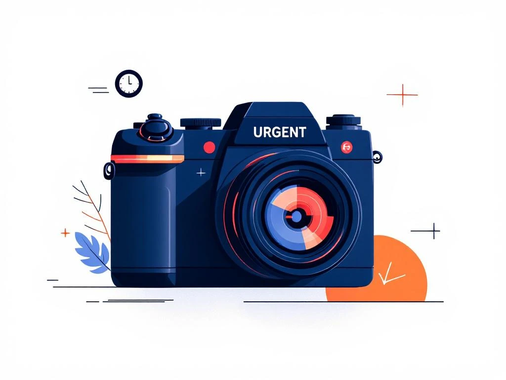 Camera met rode "URGENT" indicator en klok- en eurosymbolen op witte achtergrond voor nieuwsfotografie prijzen
