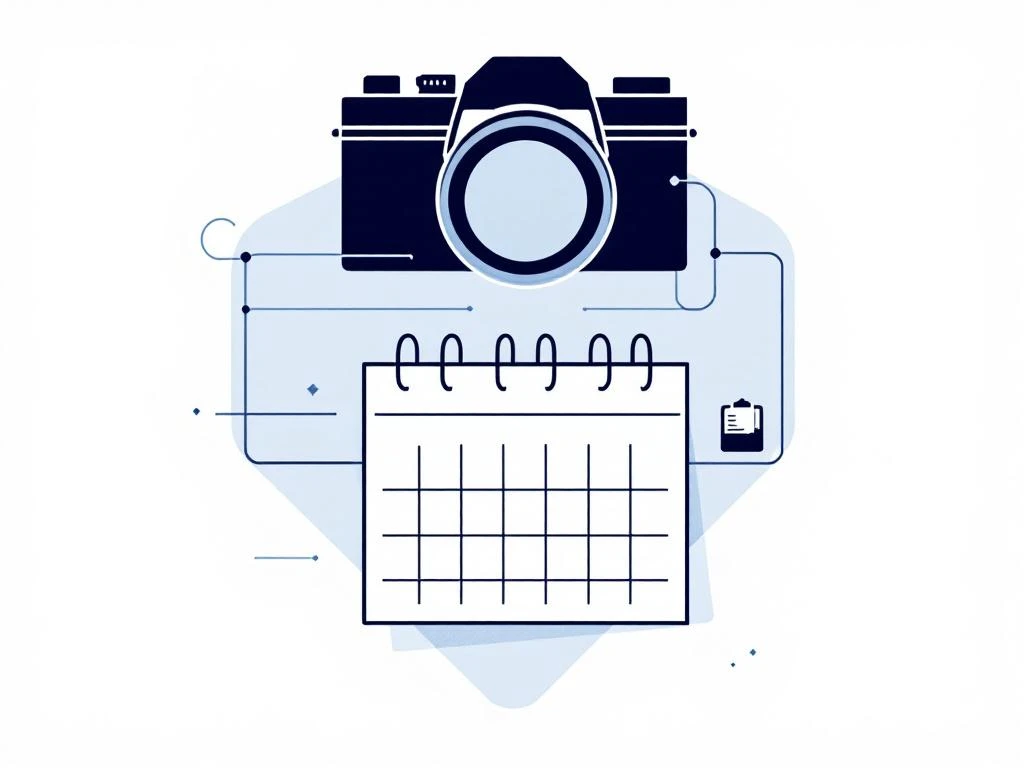 Camera silhouet boven kalenderraster met gemarkeerde datum, verbonden door lijnen, minimalistische blauwe en grijze tinten