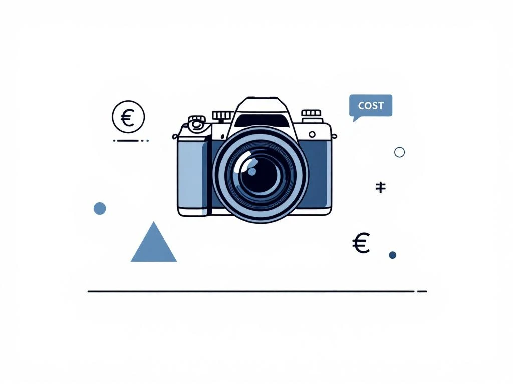 Moderne camera met geometrische vormen en euro-symbolen op witte achtergrond voor fotografie prijsstructuur
