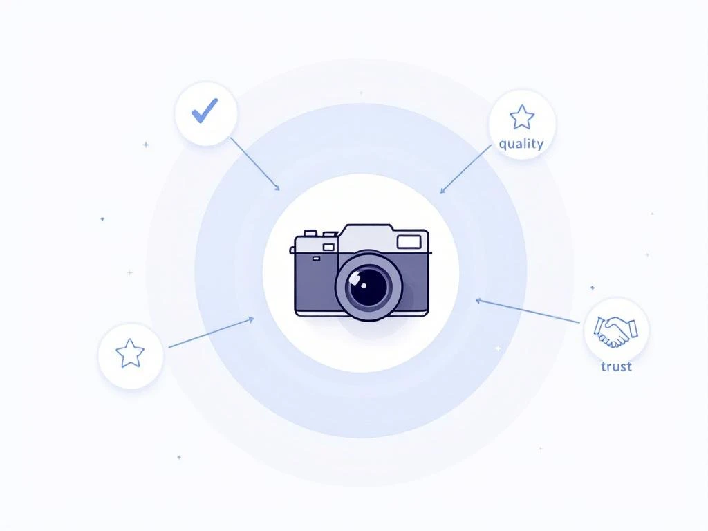 Geometrische camera-icoon omringd door kwaliteitssymbolen op lichtblauwe achtergrond voor professionele fotografie