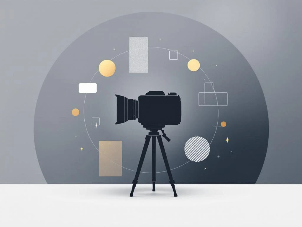 Moderne camera silhouet met geometrische vormen op marineblauw naar grijze achtergrond, symboliseert journalistiek