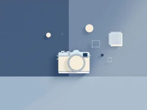 Minimalistische camera silhouet met geometrische vormen op blauwe gradiënt achtergrond voor professionele fotografie