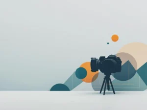 Camera silhouet met geometrische vormen op gradiënt achtergrond, moderne zakelijke fotografie concept