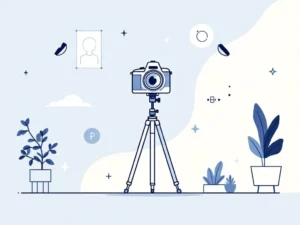 Minimalistische camera op statief omringd door werkplekelementen zoals bureau, monitor en plant in zachte blauwtinten
