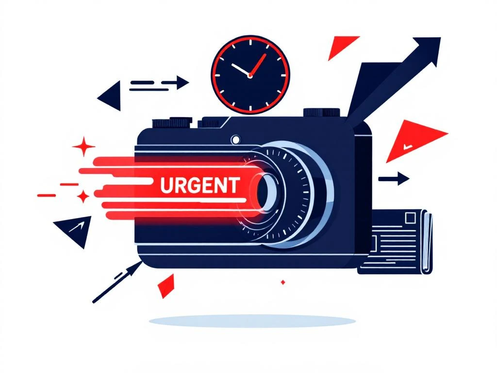 Camera met rode urgentie-indicator, klok elementen en krant icoon op witte achtergrond, minimalistische stijl