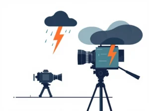 Gestileerde camera-silhouet met geometrische vormen die slechte weersomstandigheden voorstellen op witte achtergrond