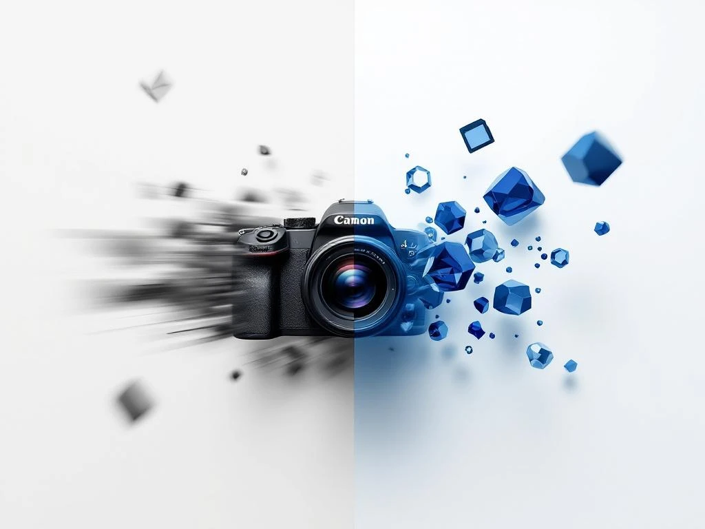 DSLR-camera gecentreerd tussen abstracte snelheidseffecten en scherpe geometrische vormen, met zwevende fotografie-apparatuur