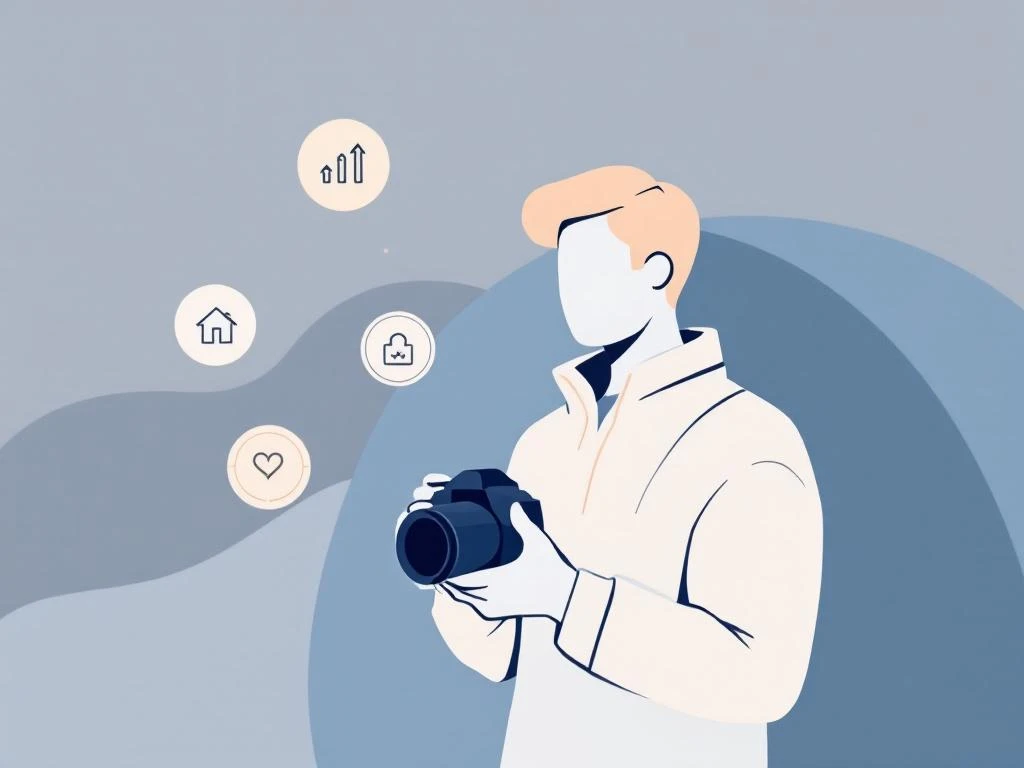 Minimalistische illustratie van fotograaf met camera omringd door zes pictogrammen voor merkversterking op blauwe achtergrond