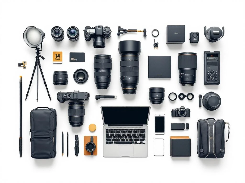 Veertien professionele fotografie-apparatuur items in minimalistisch grid-patroon op witte achtergrond met blauwe en gouden accenten