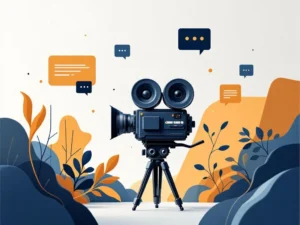 Klassieke filmcamera met zwevende nieuwselementen en geometrische vormen in navy blauw en amber tinten op witte achtergrond