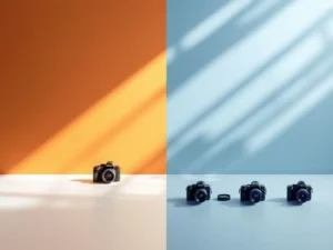 Split-screen vergelijking van één camera versus meerdere camera's, symboliseert eenmalige shoots tegenover doorlopende contracten