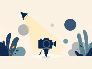 Minimalistische camera silhouet in marineblauw met geometrische vormen op crème achtergrond voor fotografie diensten