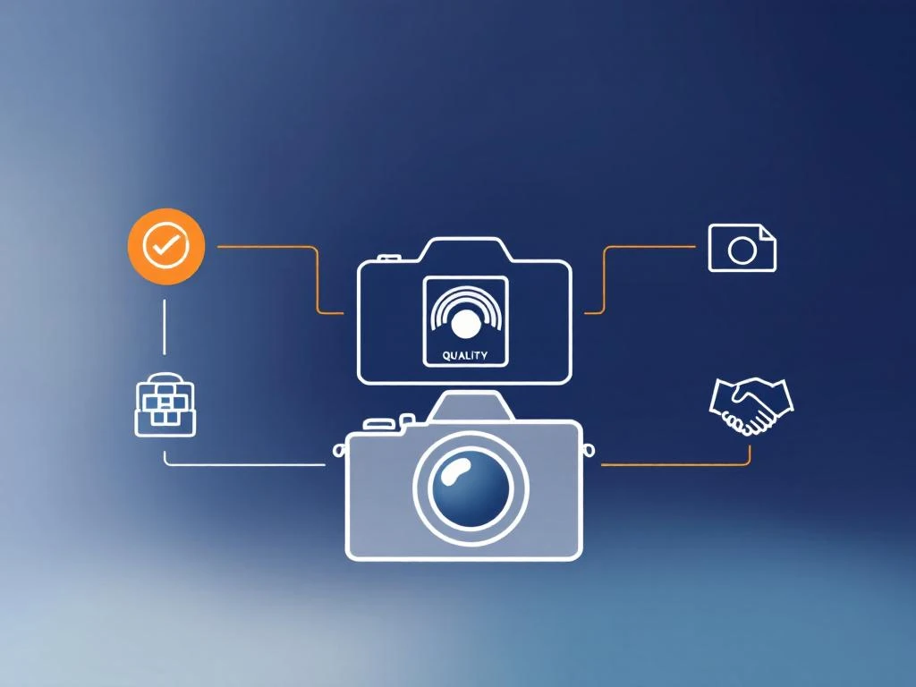Minimalistische camera-illustratie met kwaliteitscheck, portfolio en handdruk iconen in marineblauw en oranje