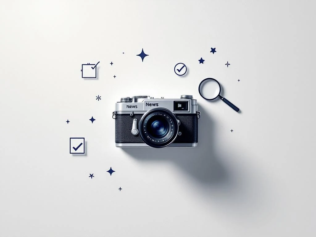 Vintage camera op witte achtergrond met vergrootglas en kwaliteitschecklist iconen in navy en grijs voor fotografie-evaluatie