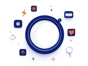 Camera zoeker omringd door zeven pictogrammen voor fotografie-kwaliteiten op witte achtergrond met blauwe en oranje accenten