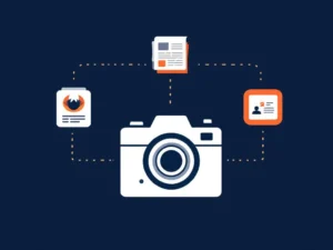 Geometrische camera-icoon verbonden met krant- en publicatiesymbolen via gestippelde lijnen in marineblauw en oranje