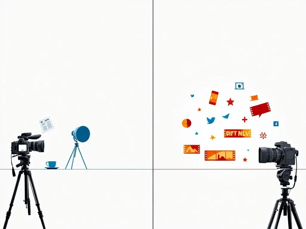 Gesplitste compositie toont nieuwsfotografie links in blauw-grijze tinten, documentaire storytelling rechts in aardse kleuren